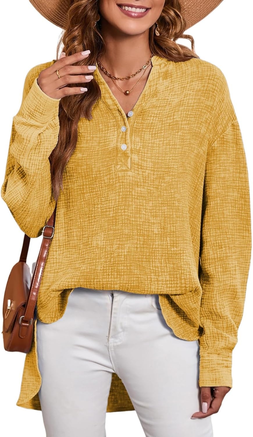 image:imageDokotoo Long Sleeve Shirts for Women Casual V Neck Oversized Blouses TopsYellow