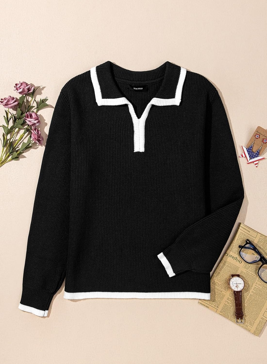 image:imageDokotoo Sweaters for Women Fashion Long Sleeve Lapel Collar V Neck Casual Knit Color Block Pullover Sweater Jumpers Tops