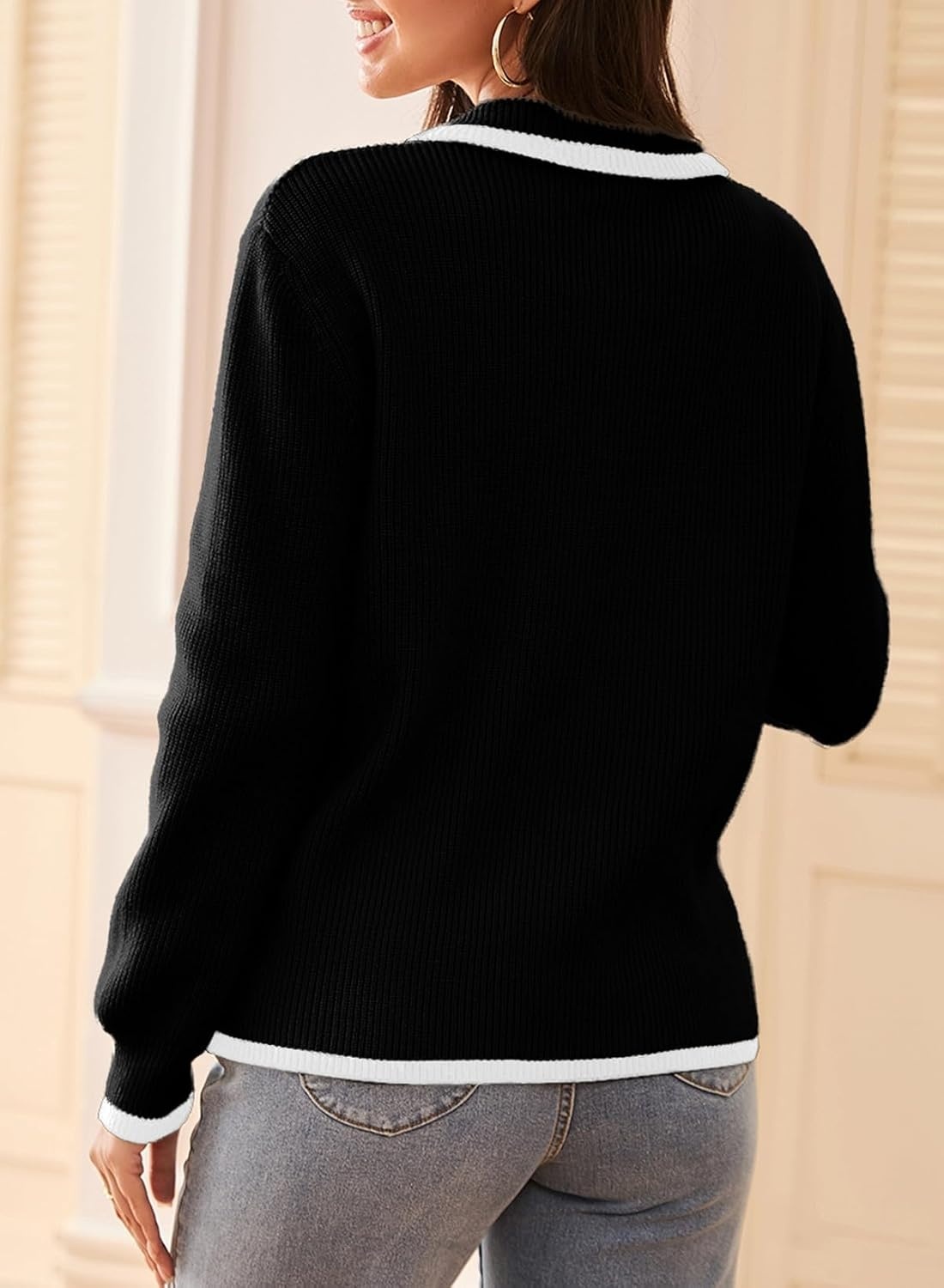 image:imageDokotoo Sweaters for Women Fashion Long Sleeve Lapel Collar V Neck Casual Knit Color Block Pullover Sweater Jumpers Tops