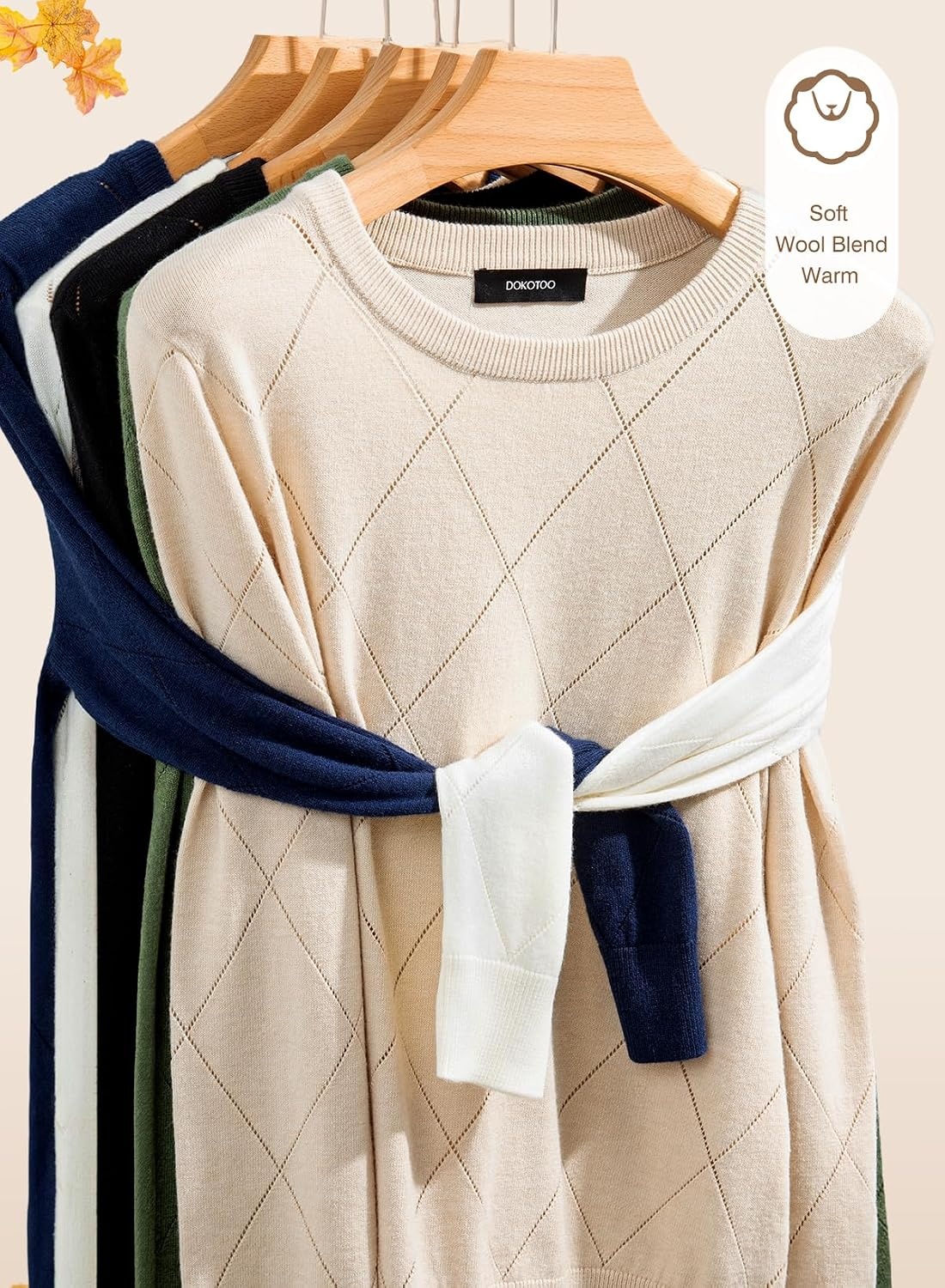 image:imageDokotoo Sweaters for Women Long Sleeve Crewneck Diamond Hollow Out Lightweight Pullover Sweater Tops Fall OutfitsBlue