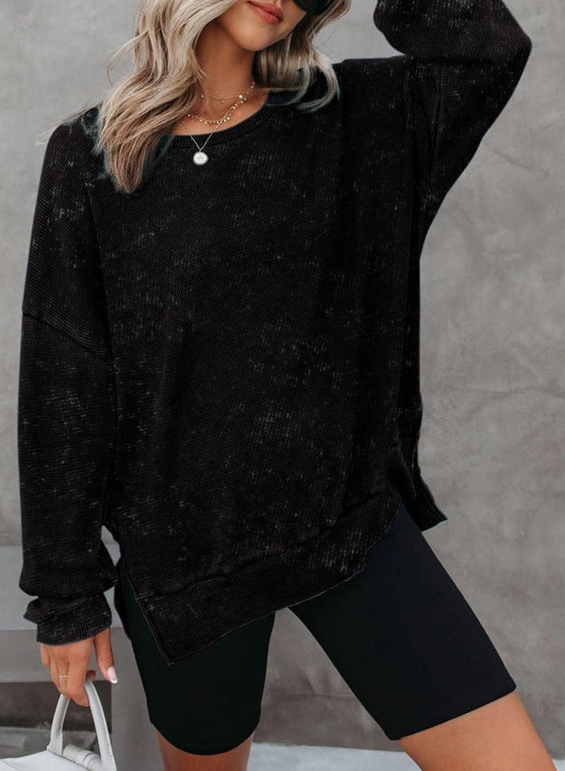 image:imageDokotoo Sweatshirt for Women Oversized Waffle Knit Crewneck Sweatshirts Long Sleeve Side Slits Casual Pullover TopsBlack