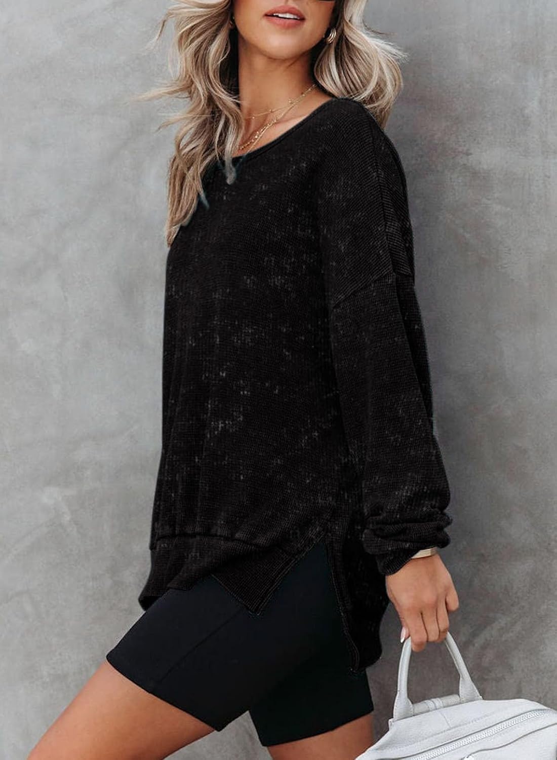 image:imageDokotoo Sweatshirt for Women Oversized Waffle Knit Crewneck Sweatshirts Long Sleeve Side Slits Casual Pullover TopsBlack
