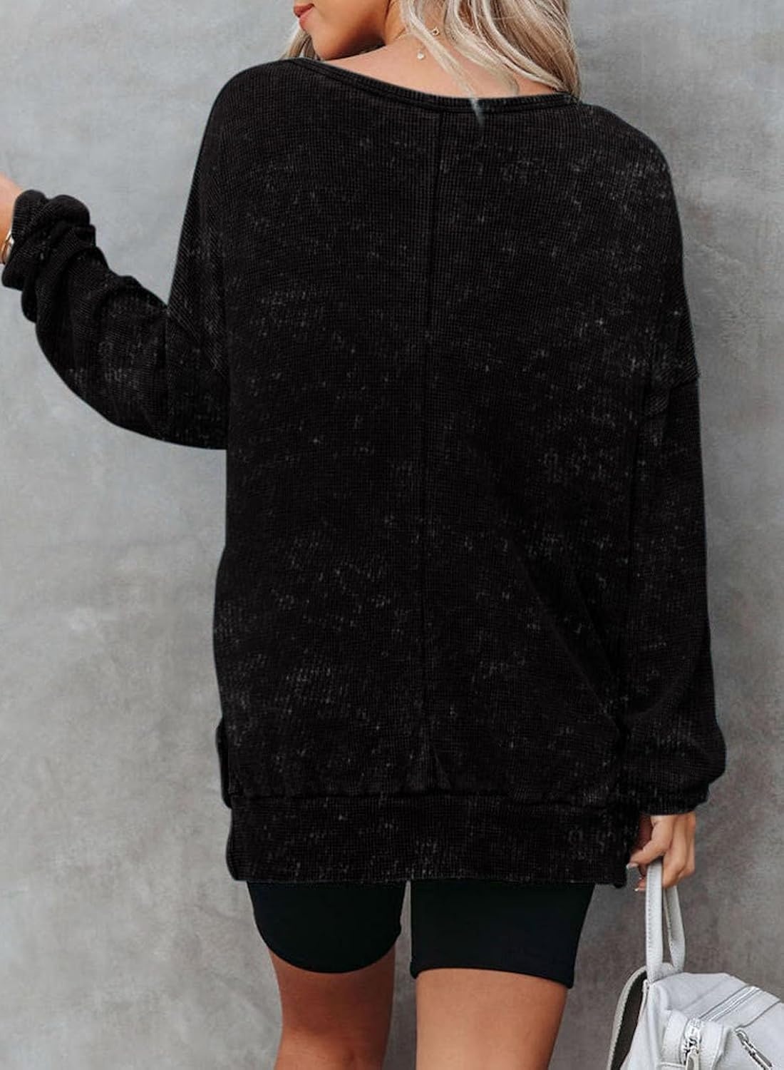 image:imageDokotoo Sweatshirt for Women Oversized Waffle Knit Crewneck Sweatshirts Long Sleeve Side Slits Casual Pullover TopsBlack