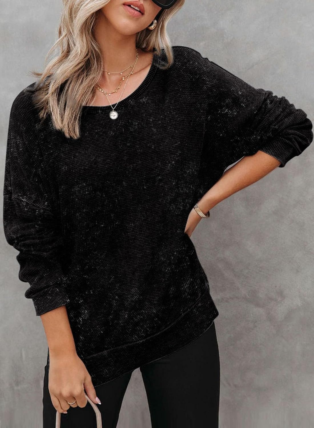 image:imageDokotoo Sweatshirt for Women Oversized Waffle Knit Crewneck Sweatshirts Long Sleeve Side Slits Casual Pullover TopsBlack