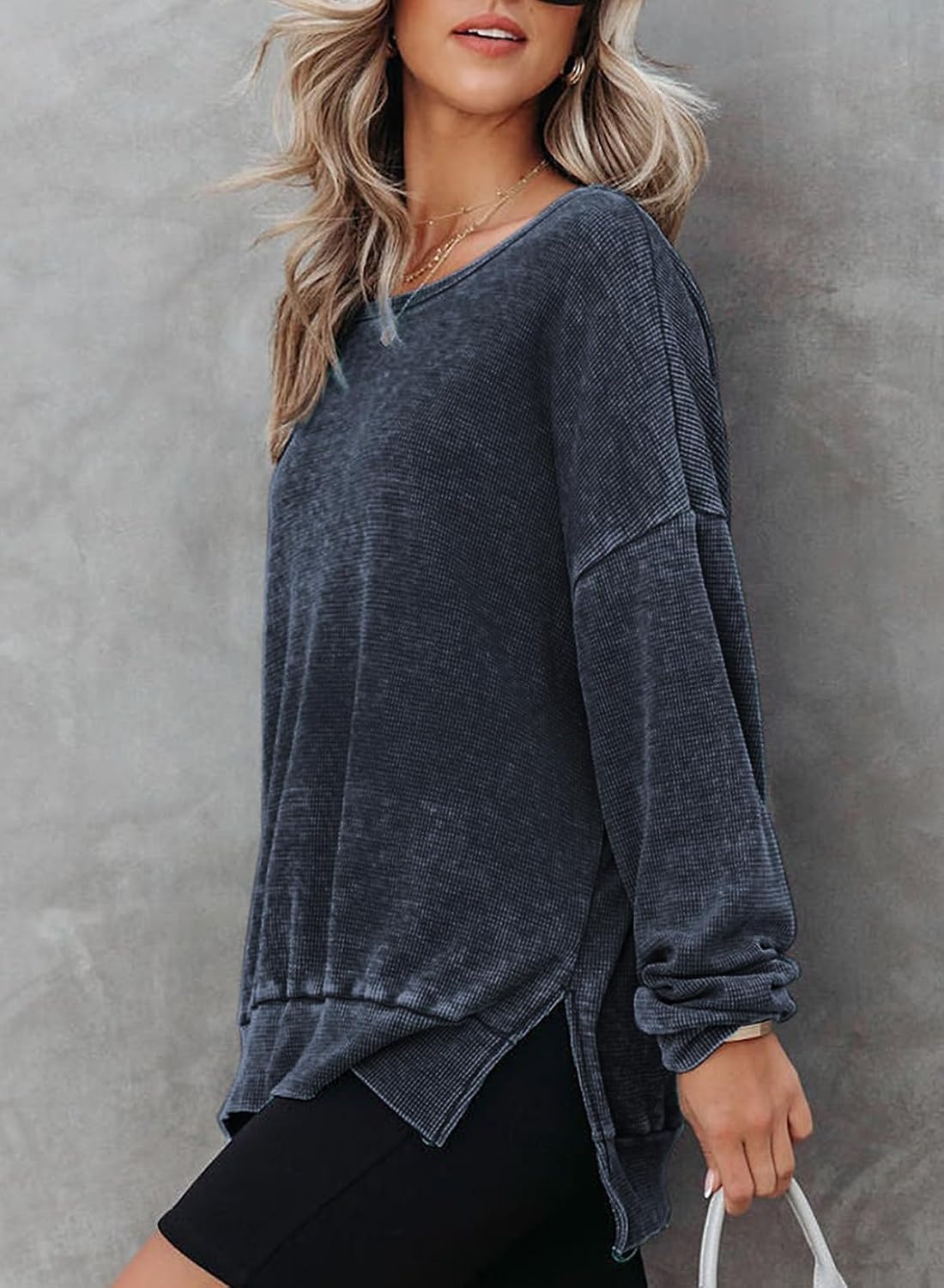image:imageDokotoo Sweatshirt for Women Oversized Waffle Knit Crewneck Sweatshirts Long Sleeve Side Slits Casual Pullover TopsBlue