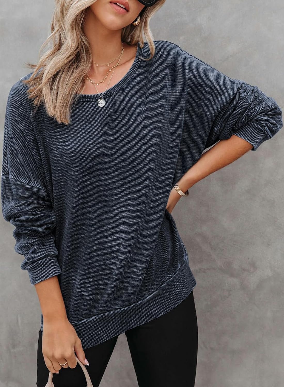 image:imageDokotoo Sweatshirt for Women Oversized Waffle Knit Crewneck Sweatshirts Long Sleeve Side Slits Casual Pullover TopsBlue
