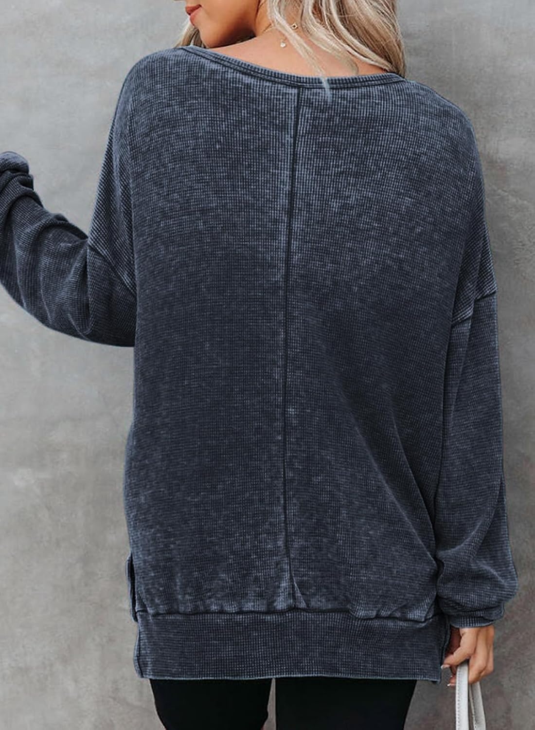 image:imageDokotoo Sweatshirt for Women Oversized Waffle Knit Crewneck Sweatshirts Long Sleeve Side Slits Casual Pullover TopsBlue