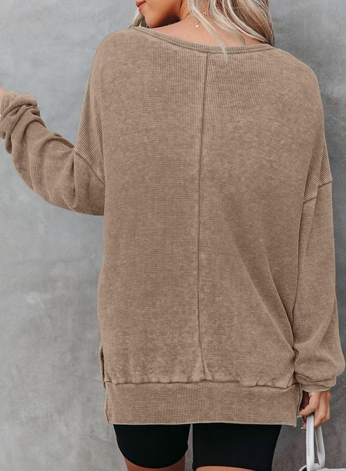 image:imageDokotoo Sweatshirt for Women Oversized Waffle Knit Crewneck Sweatshirts Long Sleeve Side Slits Casual Pullover TopsBrown