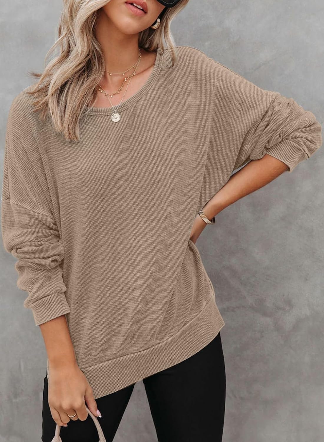 image:imageDokotoo Sweatshirt for Women Oversized Waffle Knit Crewneck Sweatshirts Long Sleeve Side Slits Casual Pullover TopsBrown