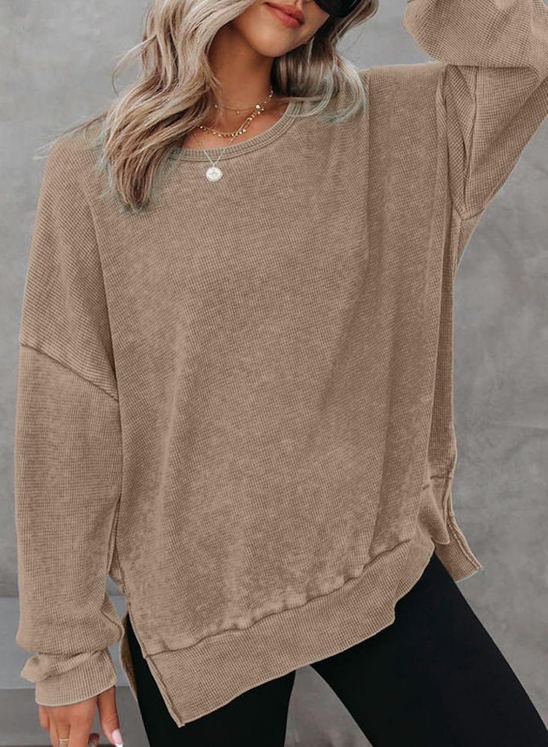image:imageDokotoo Sweatshirt for Women Oversized Waffle Knit Crewneck Sweatshirts Long Sleeve Side Slits Casual Pullover TopsBrown