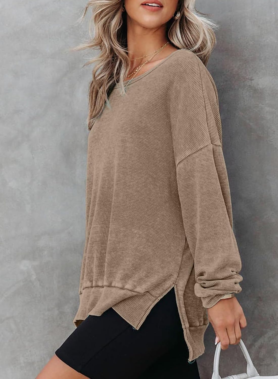 image:imageDokotoo Sweatshirt for Women Oversized Waffle Knit Crewneck Sweatshirts Long Sleeve Side Slits Casual Pullover TopsBrown