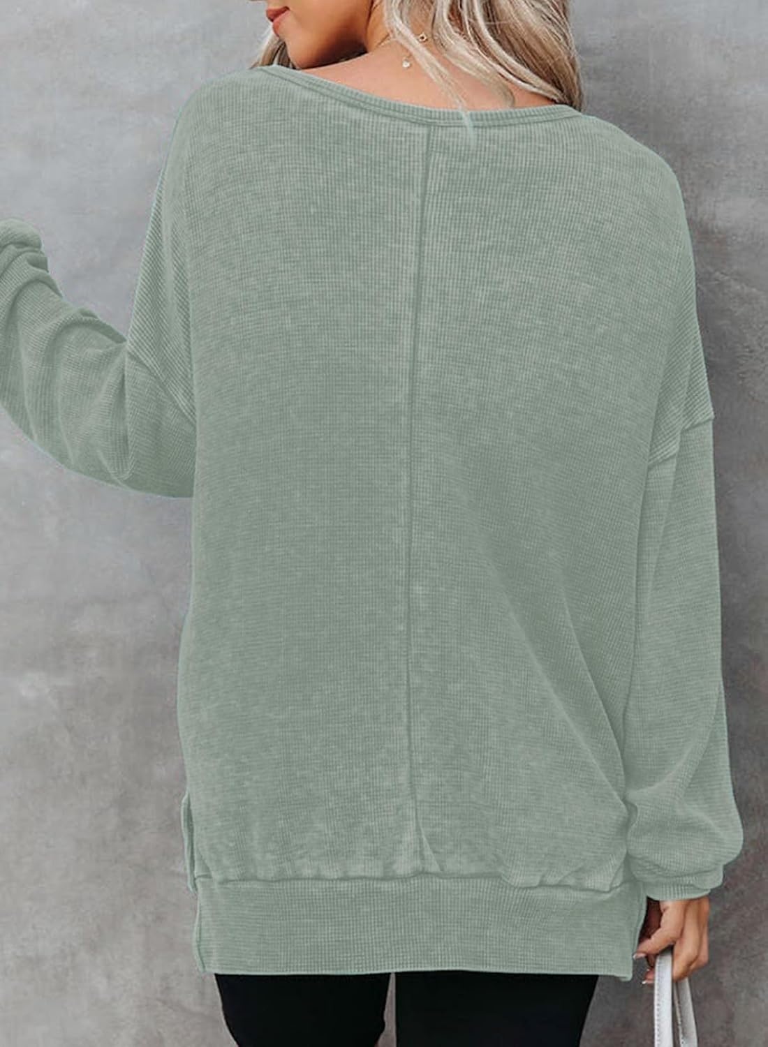 image:imageDokotoo Sweatshirt for Women Oversized Waffle Knit Crewneck Sweatshirts Long Sleeve Side Slits Casual Pullover TopsGreen