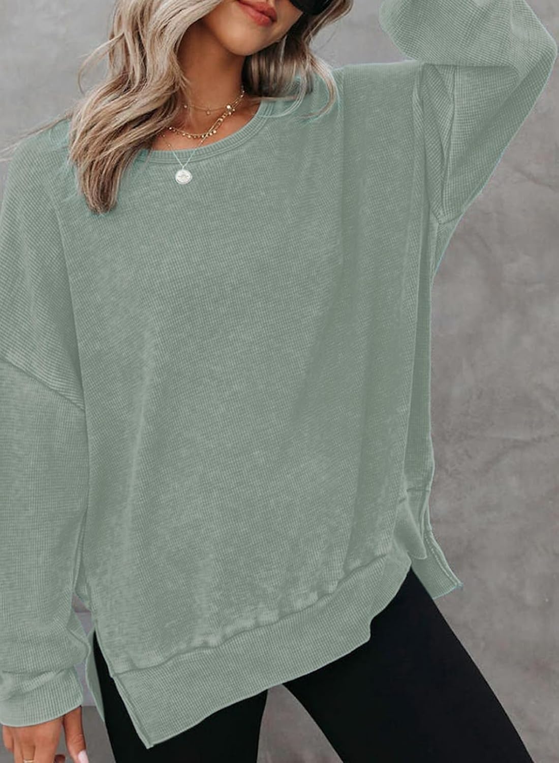 image:imageDokotoo Sweatshirt for Women Oversized Waffle Knit Crewneck Sweatshirts Long Sleeve Side Slits Casual Pullover TopsGreen