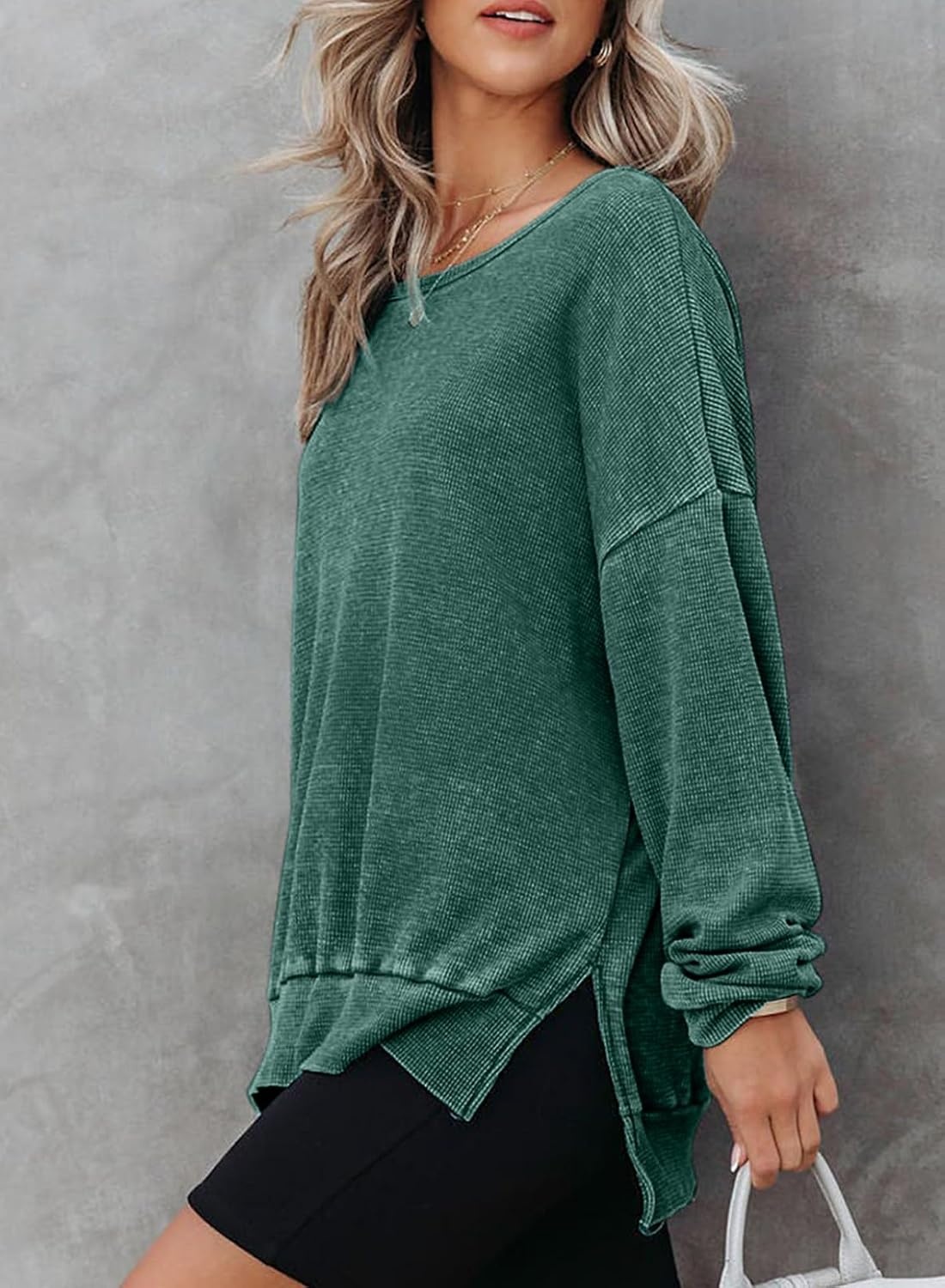 image:imageDokotoo Sweatshirt for Women Oversized Waffle Knit Crewneck Sweatshirts Long Sleeve Side Slits Casual Pullover TopsGreen 504