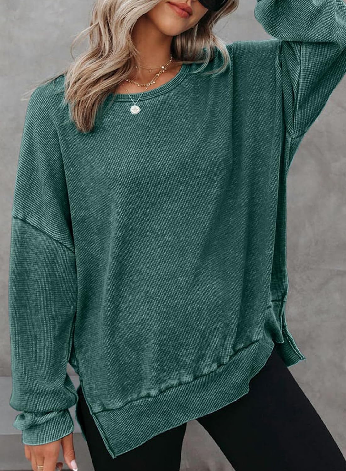 image:imageDokotoo Sweatshirt for Women Oversized Waffle Knit Crewneck Sweatshirts Long Sleeve Side Slits Casual Pullover TopsGreen 504