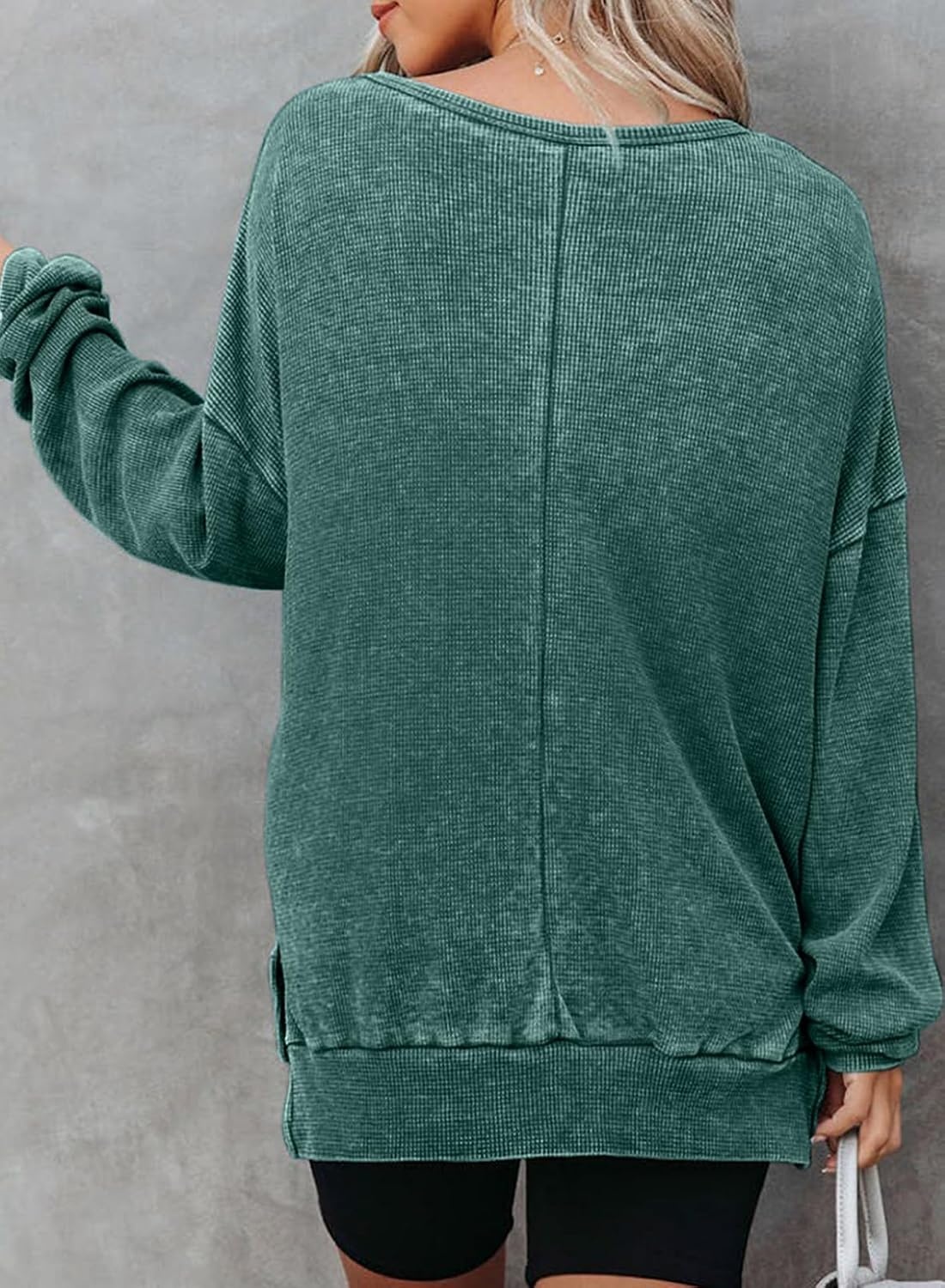 image:imageDokotoo Sweatshirt for Women Oversized Waffle Knit Crewneck Sweatshirts Long Sleeve Side Slits Casual Pullover TopsGreen 504