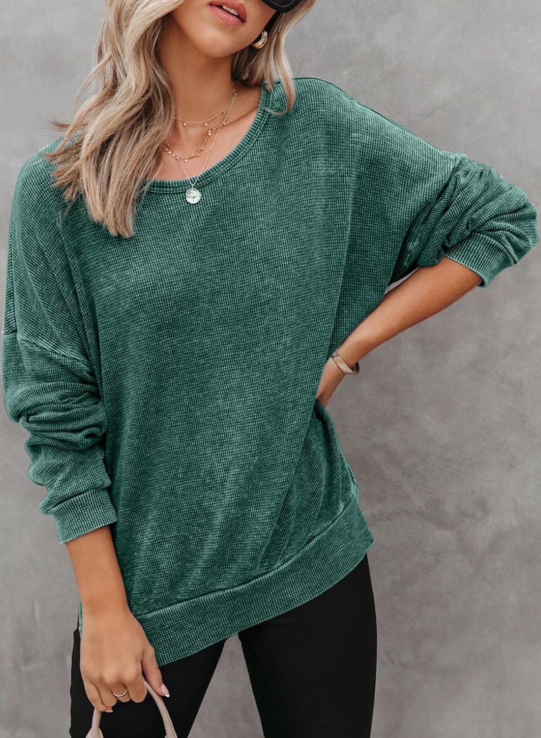image:imageDokotoo Sweatshirt for Women Oversized Waffle Knit Crewneck Sweatshirts Long Sleeve Side Slits Casual Pullover TopsGreen 504