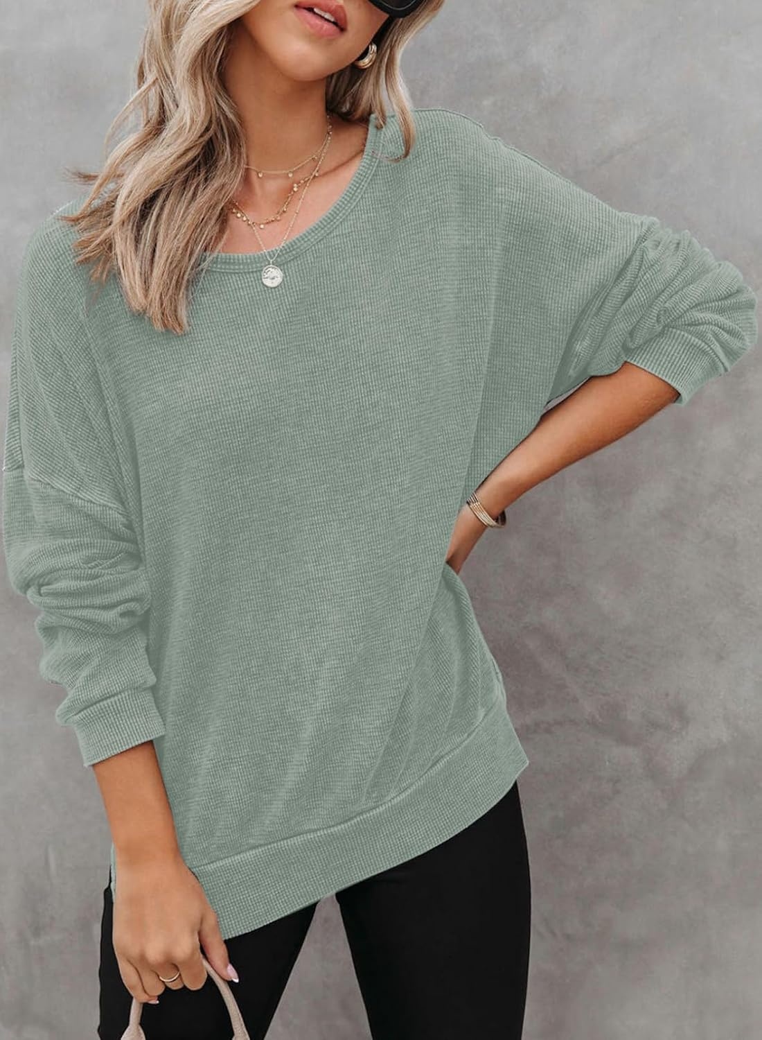 image:imageDokotoo Sweatshirt for Women Oversized Waffle Knit Crewneck Sweatshirts Long Sleeve Side Slits Casual Pullover TopsGreen