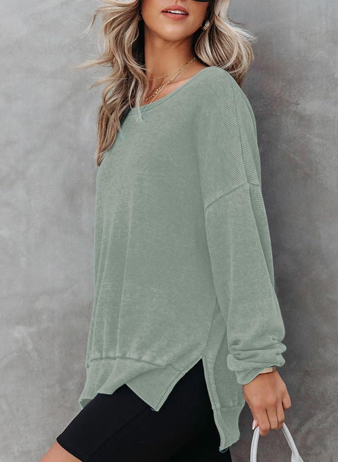image:imageDokotoo Sweatshirt for Women Oversized Waffle Knit Crewneck Sweatshirts Long Sleeve Side Slits Casual Pullover TopsGreen