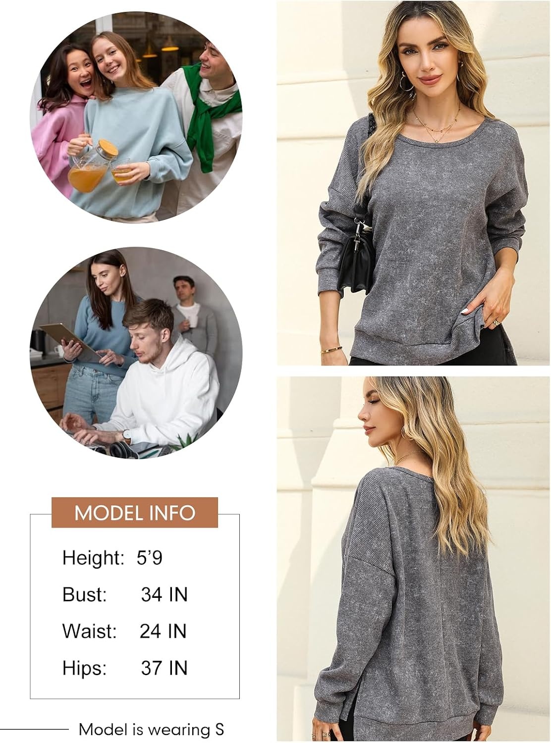 image:imageDokotoo Sweatshirt for Women Oversized Waffle Knit Crewneck Sweatshirts Long Sleeve Side Slits Casual Pullover TopsGrey