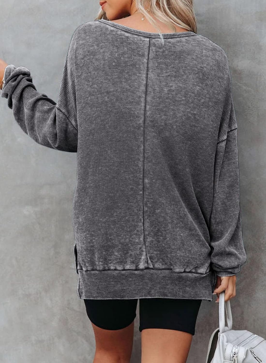 image:imageDokotoo Sweatshirt for Women Oversized Waffle Knit Crewneck Sweatshirts Long Sleeve Side Slits Casual Pullover TopsGrey