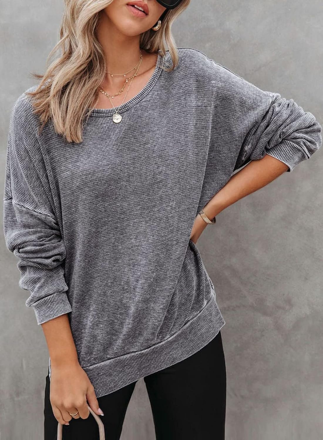image:imageDokotoo Sweatshirt for Women Oversized Waffle Knit Crewneck Sweatshirts Long Sleeve Side Slits Casual Pullover TopsGrey