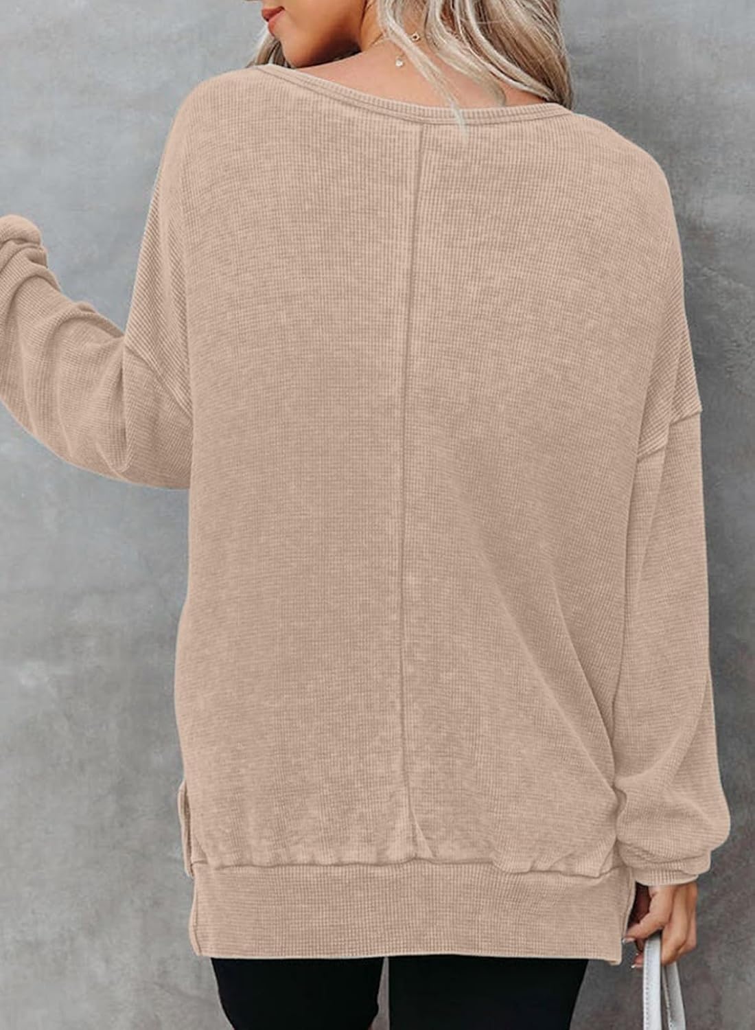 image:imageDokotoo Sweatshirt for Women Oversized Waffle Knit Crewneck Sweatshirts Long Sleeve Side Slits Casual Pullover TopsKhaki