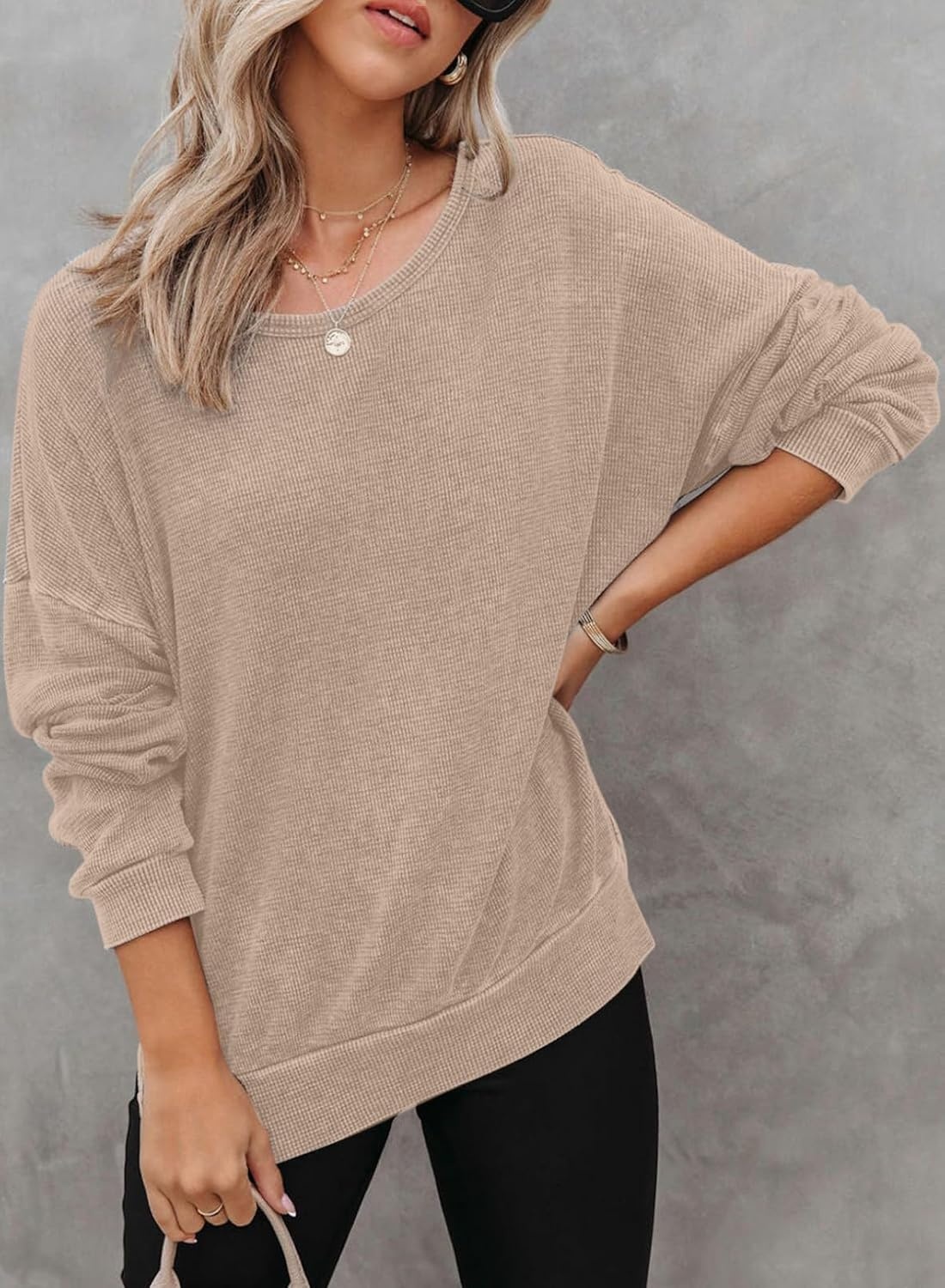 image:imageDokotoo Sweatshirt for Women Oversized Waffle Knit Crewneck Sweatshirts Long Sleeve Side Slits Casual Pullover TopsKhaki