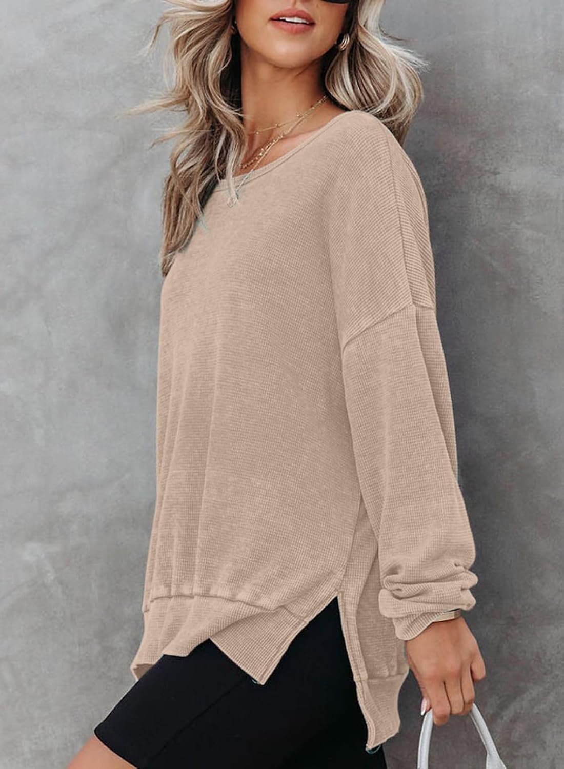 image:imageDokotoo Sweatshirt for Women Oversized Waffle Knit Crewneck Sweatshirts Long Sleeve Side Slits Casual Pullover TopsKhaki