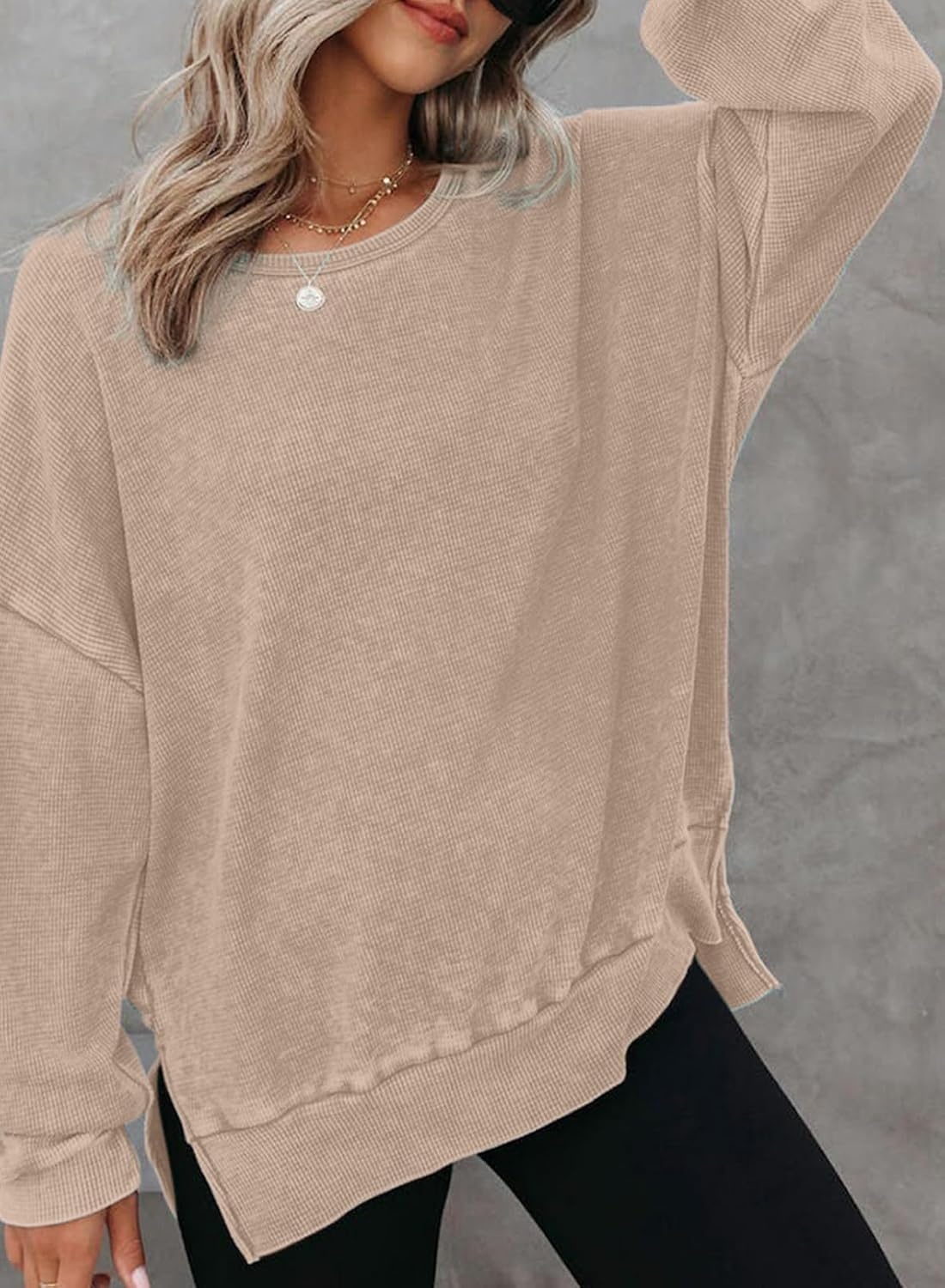 image:imageDokotoo Sweatshirt for Women Oversized Waffle Knit Crewneck Sweatshirts Long Sleeve Side Slits Casual Pullover TopsKhaki