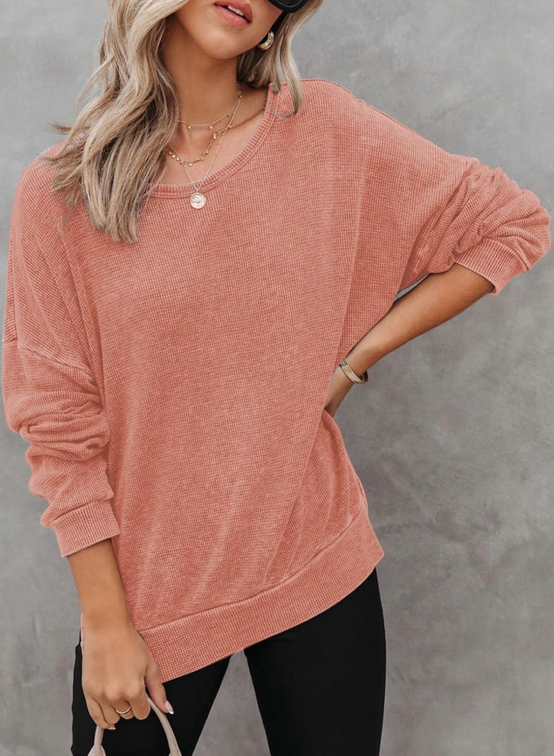 image:imageDokotoo Sweatshirt for Women Oversized Waffle Knit Crewneck Sweatshirts Long Sleeve Side Slits Casual Pullover TopsOrange