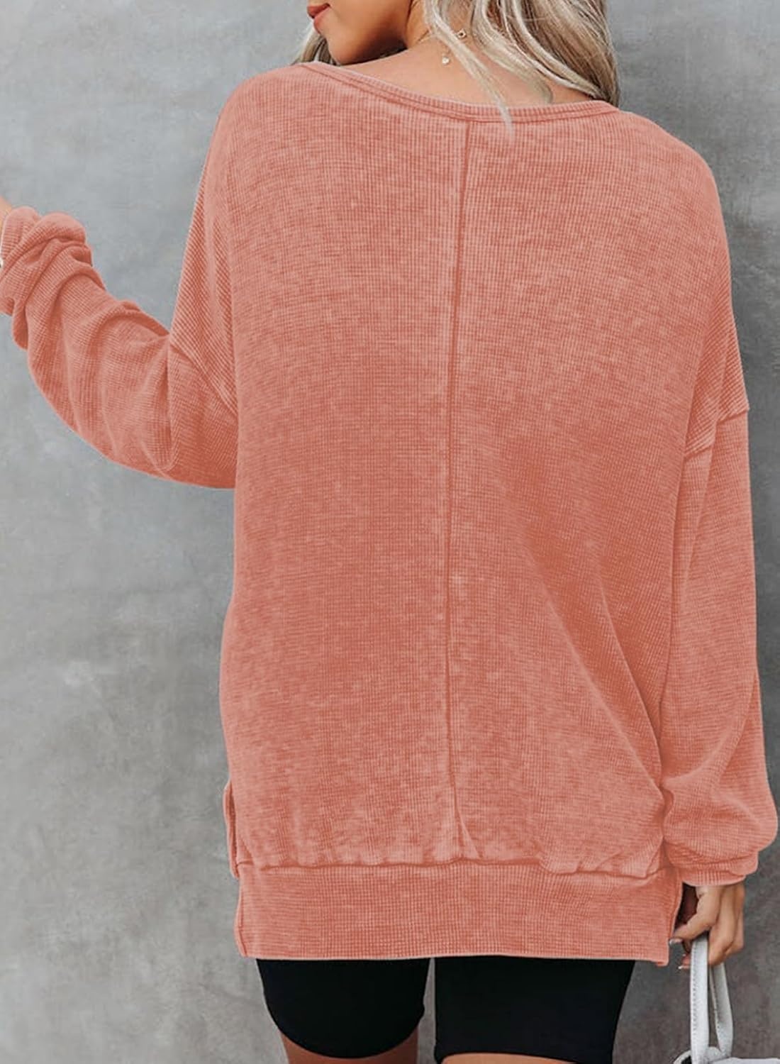 image:imageDokotoo Sweatshirt for Women Oversized Waffle Knit Crewneck Sweatshirts Long Sleeve Side Slits Casual Pullover TopsOrange