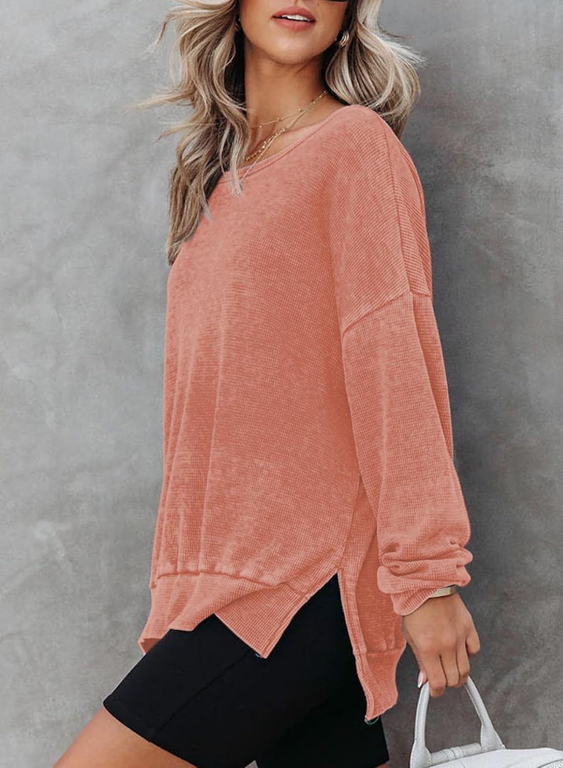 image:imageDokotoo Sweatshirt for Women Oversized Waffle Knit Crewneck Sweatshirts Long Sleeve Side Slits Casual Pullover TopsOrange
