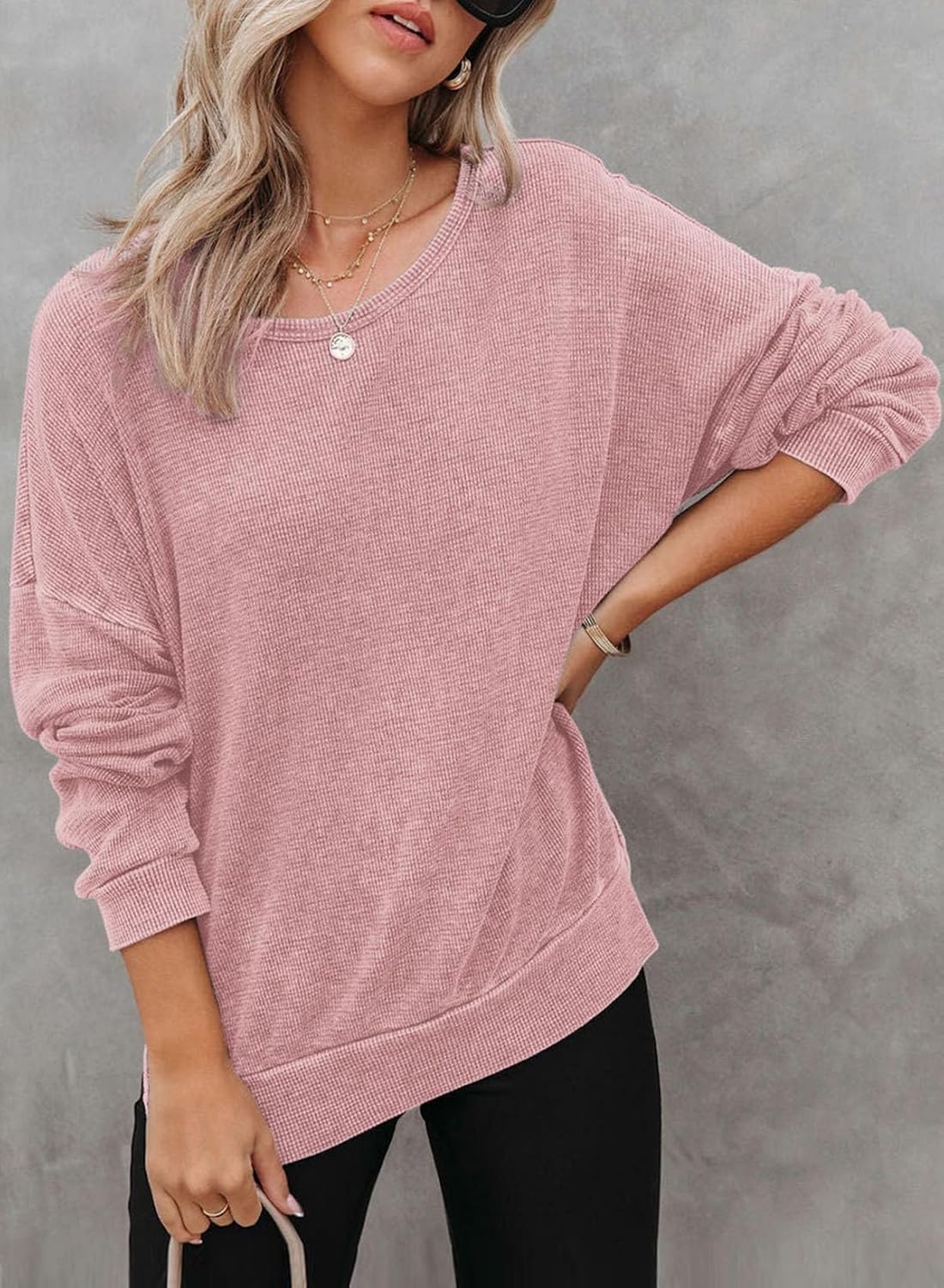 image:imageDokotoo Sweatshirt for Women Oversized Waffle Knit Crewneck Sweatshirts Long Sleeve Side Slits Casual Pullover TopsPink
