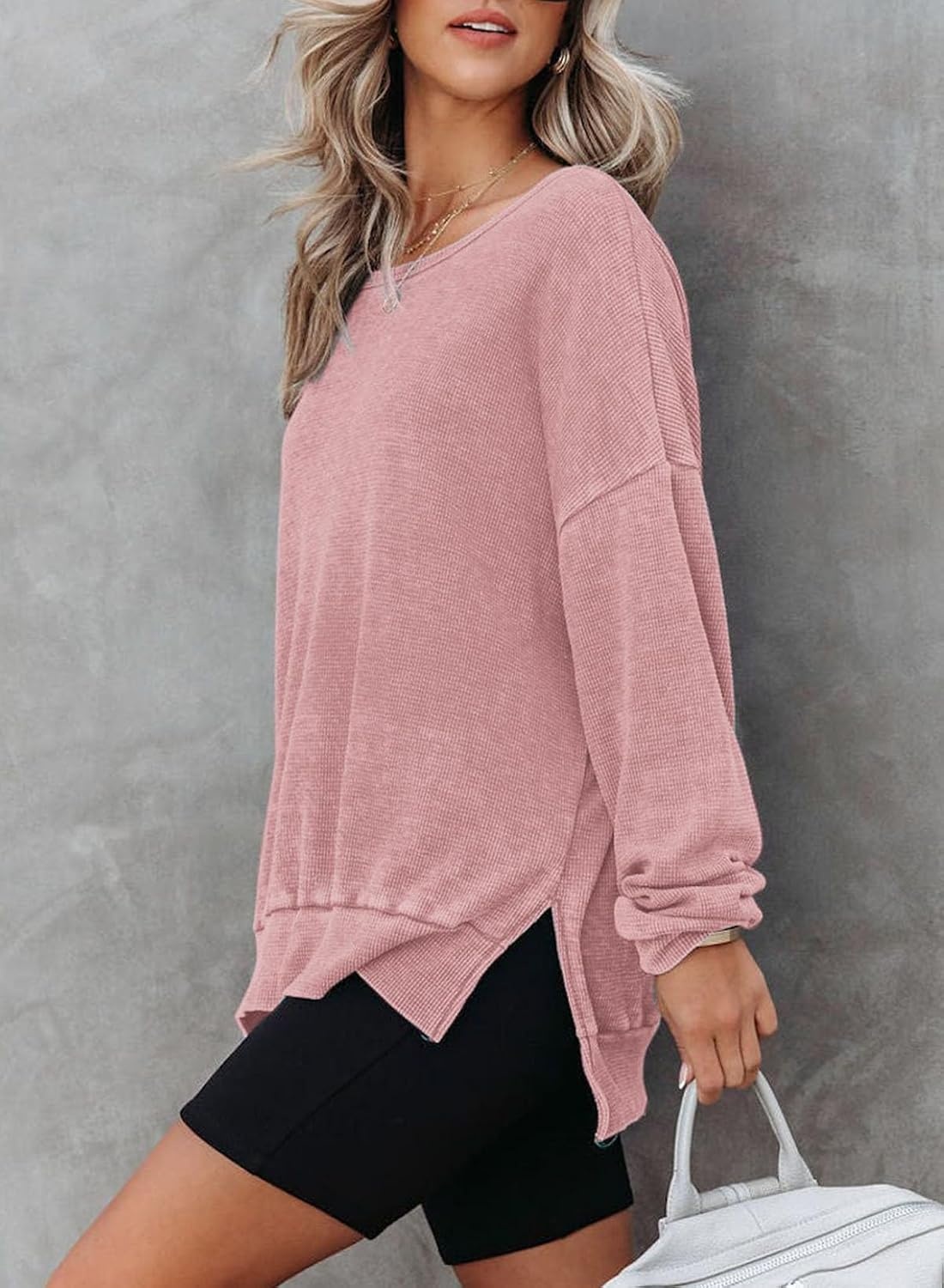 image:imageDokotoo Sweatshirt for Women Oversized Waffle Knit Crewneck Sweatshirts Long Sleeve Side Slits Casual Pullover TopsPink