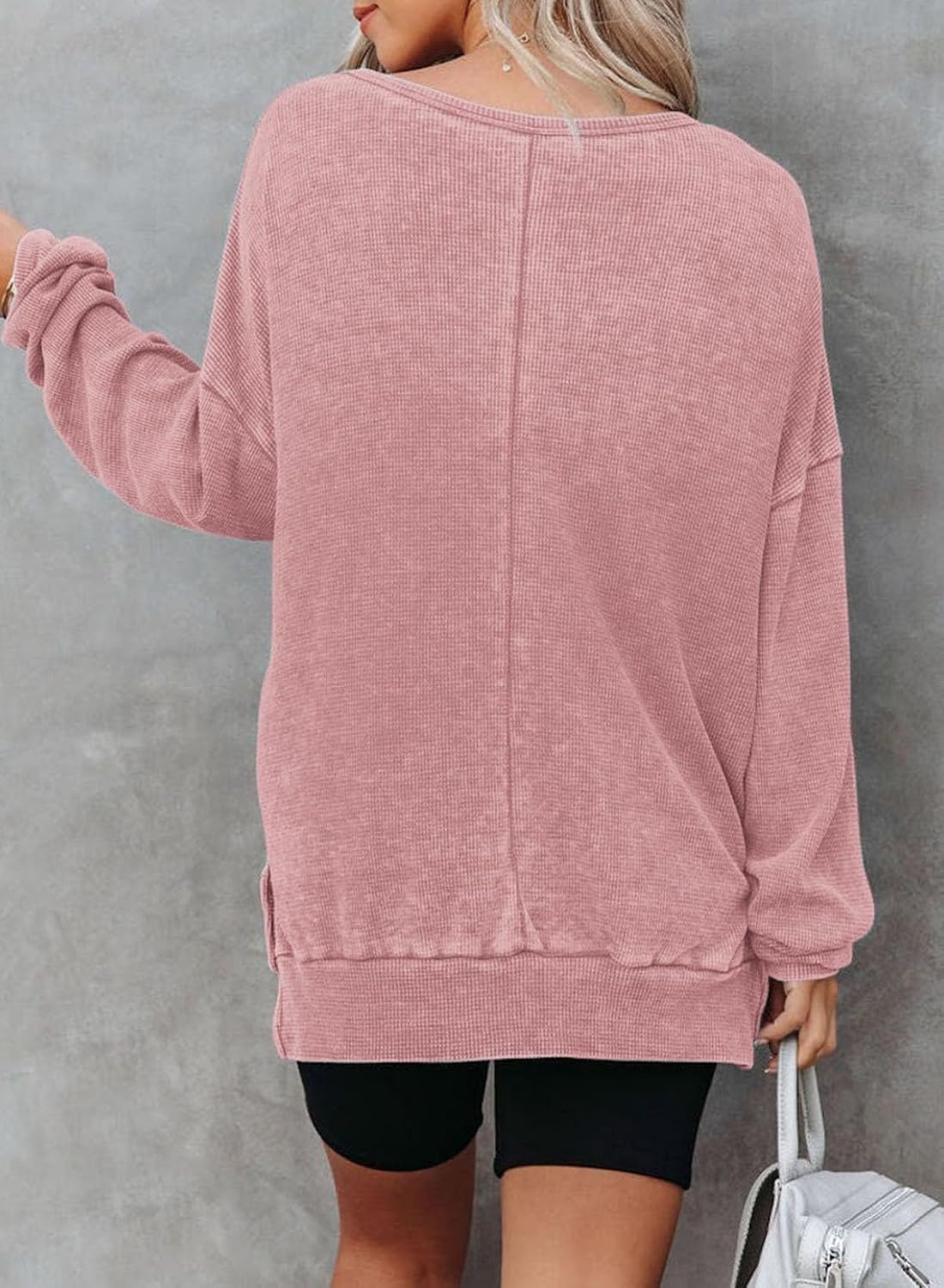 image:imageDokotoo Sweatshirt for Women Oversized Waffle Knit Crewneck Sweatshirts Long Sleeve Side Slits Casual Pullover TopsPink