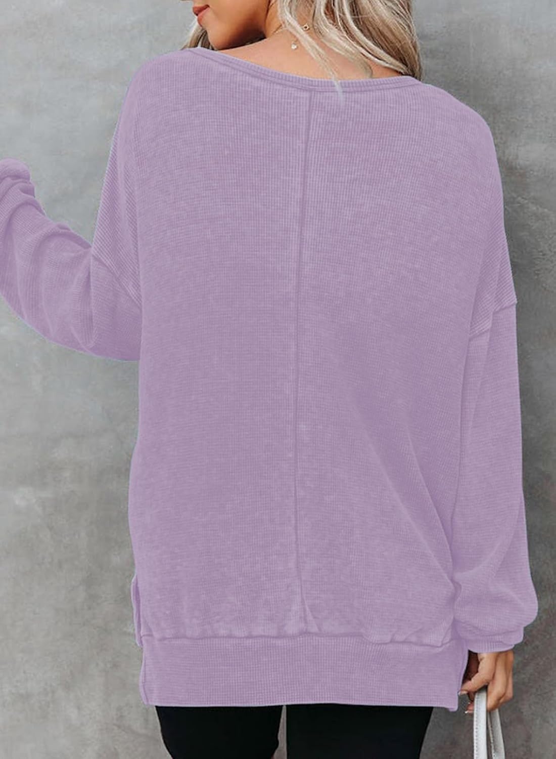 image:imageDokotoo Sweatshirt for Women Oversized Waffle Knit Crewneck Sweatshirts Long Sleeve Side Slits Casual Pullover TopsPurple