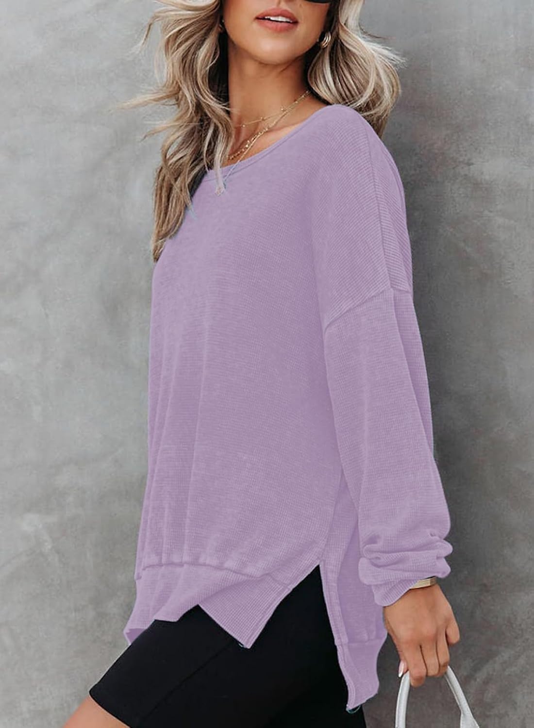 image:imageDokotoo Sweatshirt for Women Oversized Waffle Knit Crewneck Sweatshirts Long Sleeve Side Slits Casual Pullover TopsPurple