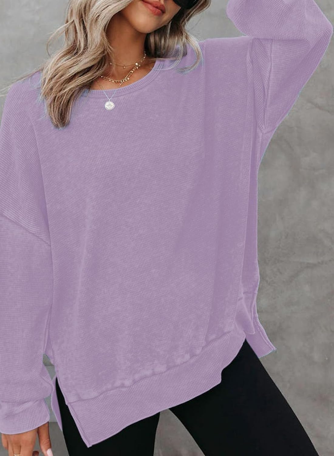 image:imageDokotoo Sweatshirt for Women Oversized Waffle Knit Crewneck Sweatshirts Long Sleeve Side Slits Casual Pullover TopsPurple