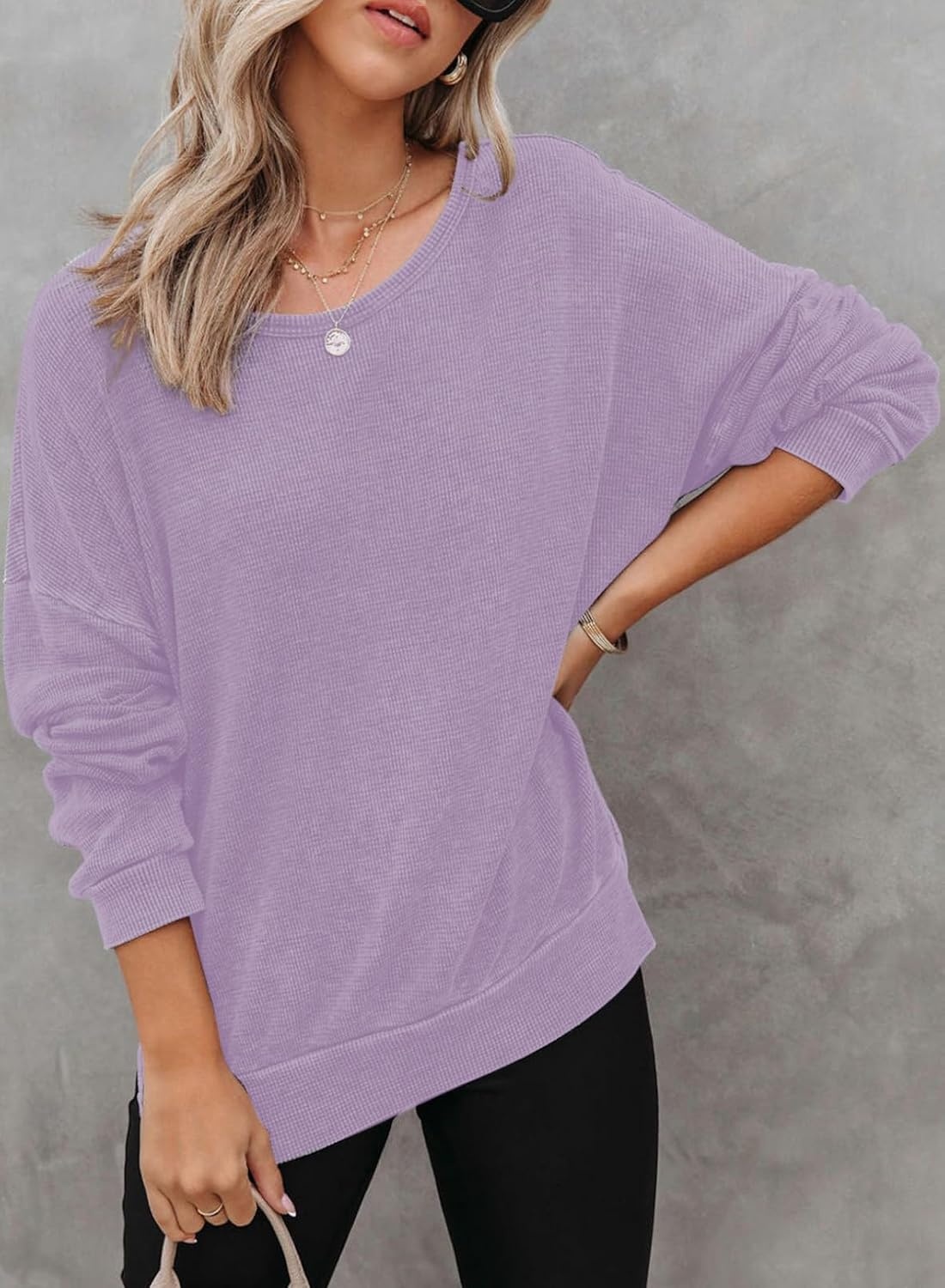 image:imageDokotoo Sweatshirt for Women Oversized Waffle Knit Crewneck Sweatshirts Long Sleeve Side Slits Casual Pullover TopsPurple
