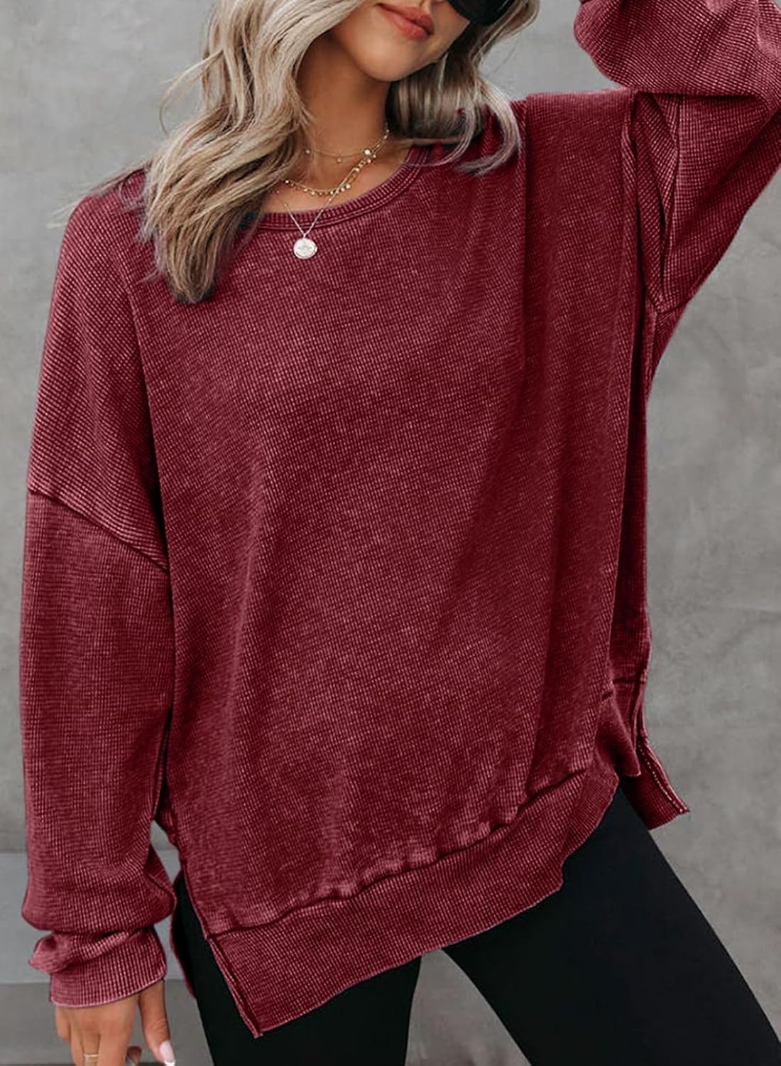 image:imageDokotoo Sweatshirt for Women Oversized Waffle Knit Crewneck Sweatshirts Long Sleeve Side Slits Casual Pullover TopsRed