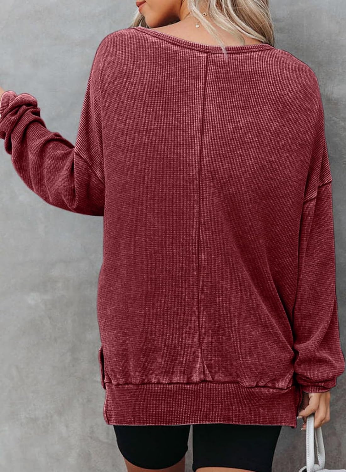 image:imageDokotoo Sweatshirt for Women Oversized Waffle Knit Crewneck Sweatshirts Long Sleeve Side Slits Casual Pullover TopsRed
