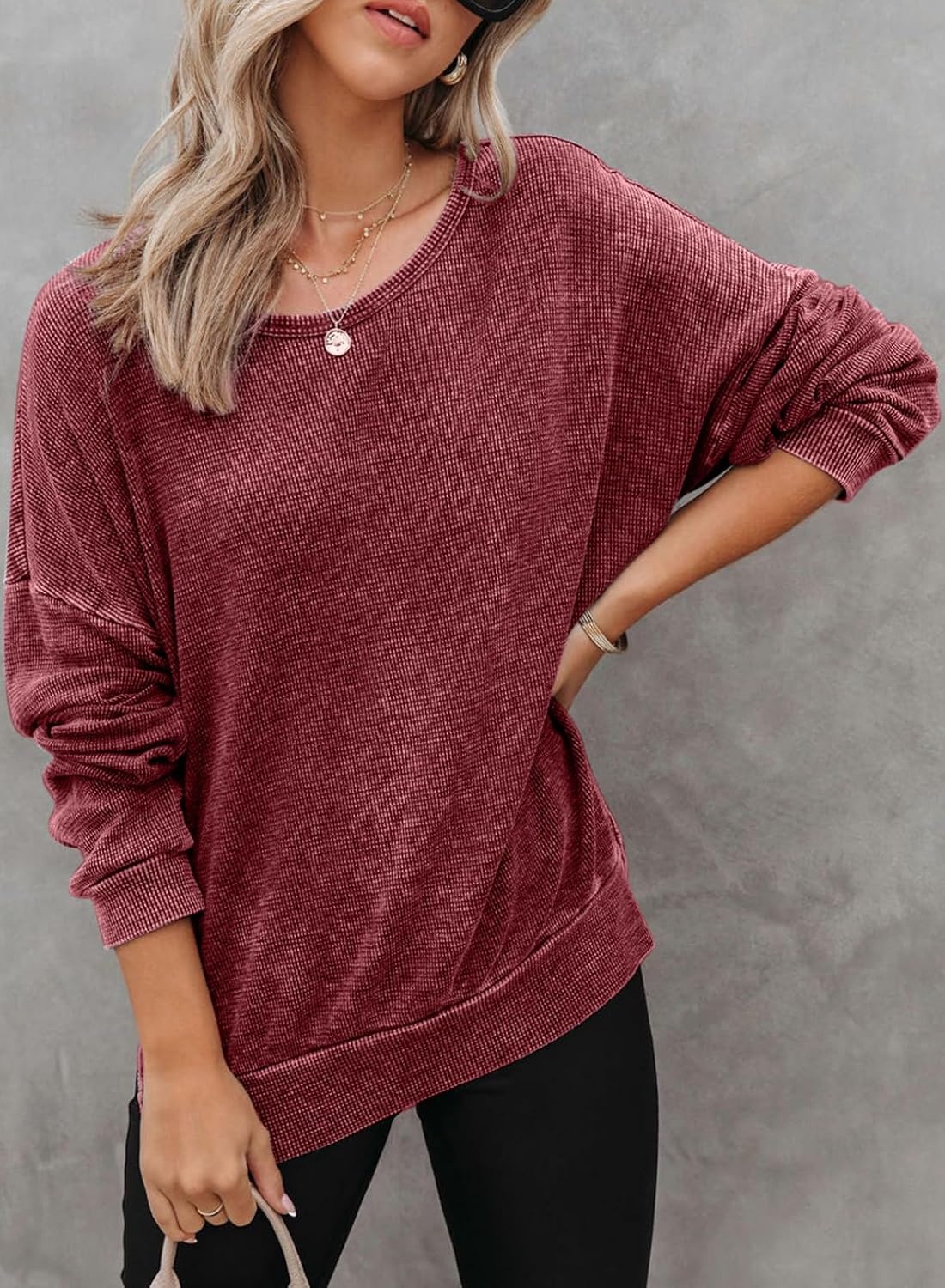 image:imageDokotoo Sweatshirt for Women Oversized Waffle Knit Crewneck Sweatshirts Long Sleeve Side Slits Casual Pullover TopsRed