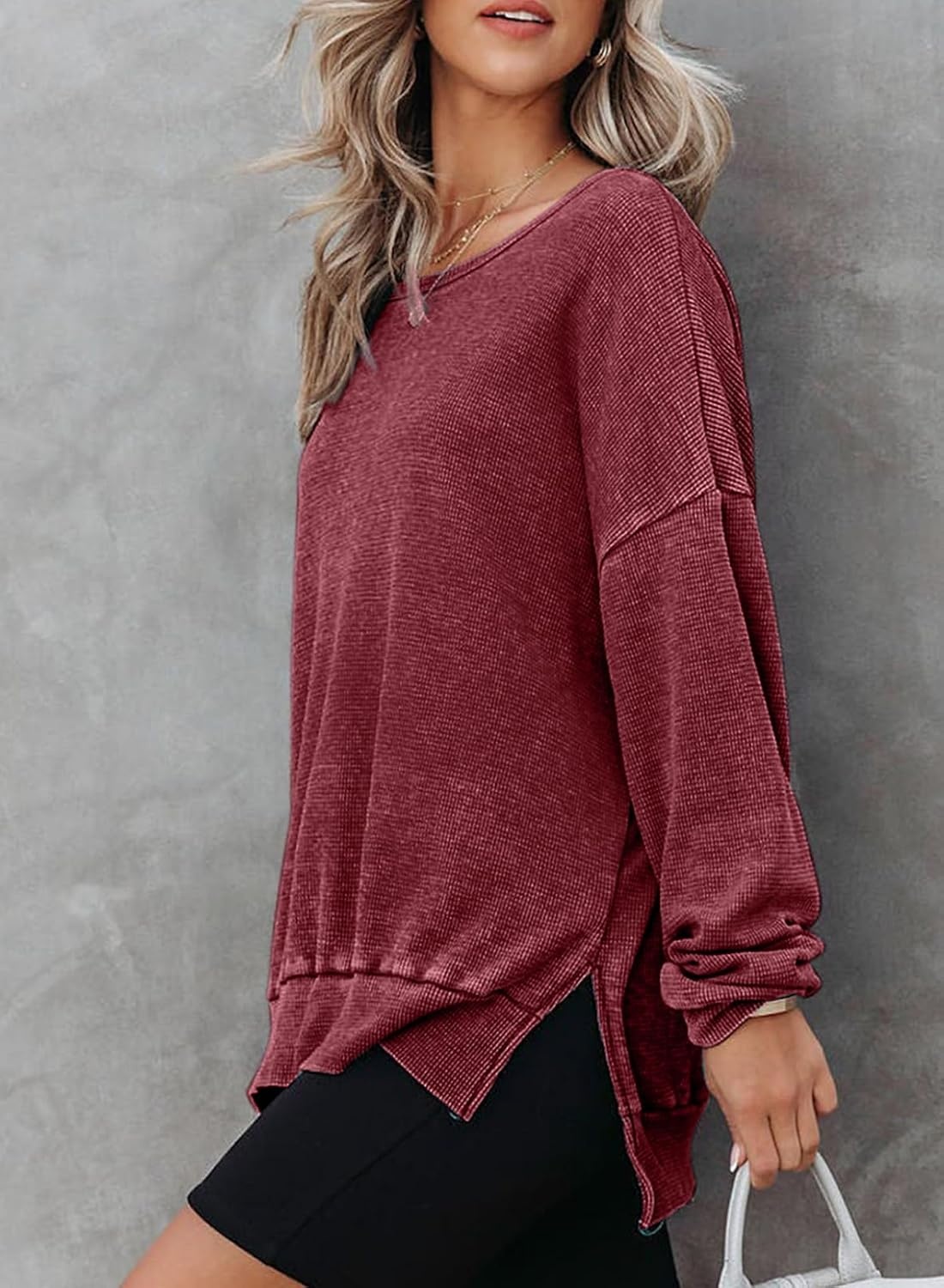 image:imageDokotoo Sweatshirt for Women Oversized Waffle Knit Crewneck Sweatshirts Long Sleeve Side Slits Casual Pullover TopsRed