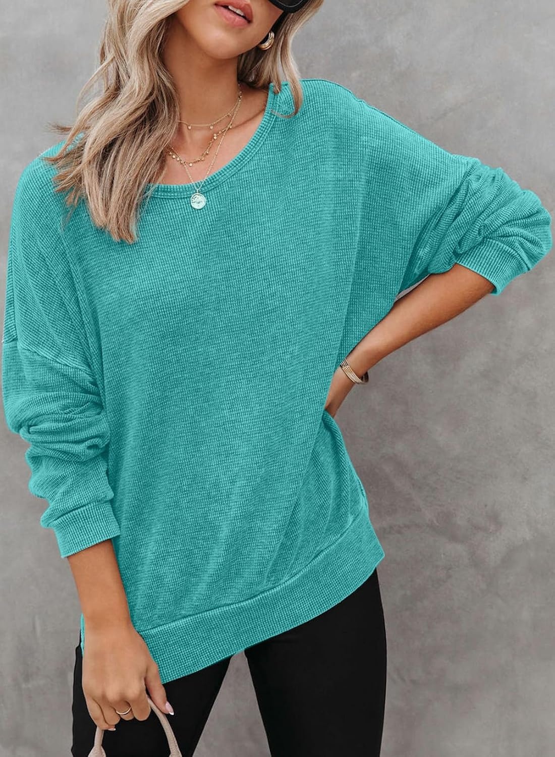 image:imageDokotoo Sweatshirt for Women Oversized Waffle Knit Crewneck Sweatshirts Long Sleeve Side Slits Casual Pullover TopsSky Blue