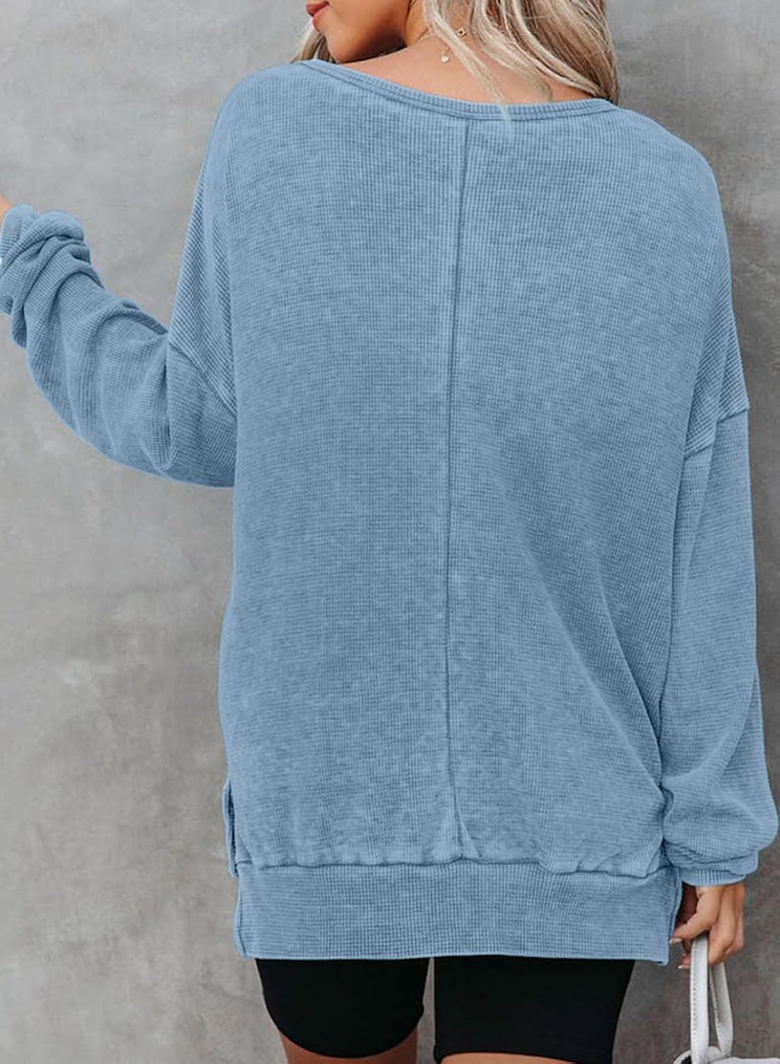 image:imageDokotoo Sweatshirt for Women Oversized Waffle Knit Crewneck Sweatshirts Long Sleeve Side Slits Casual Pullover TopsSky Blue 304