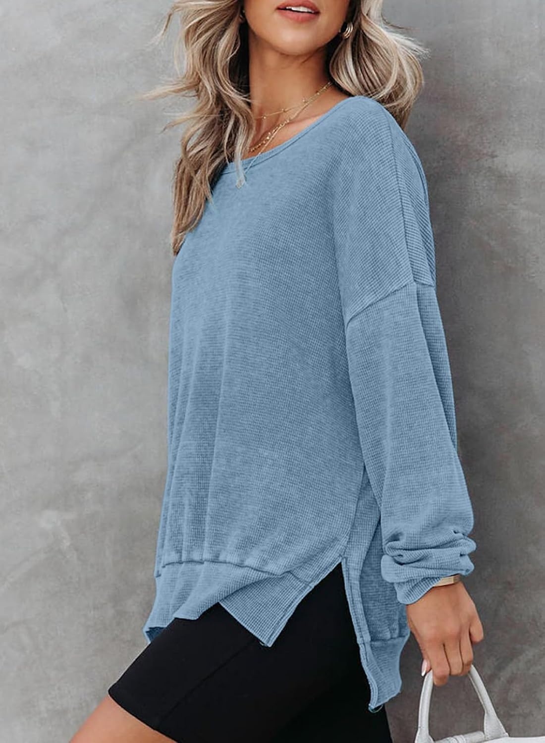 image:imageDokotoo Sweatshirt for Women Oversized Waffle Knit Crewneck Sweatshirts Long Sleeve Side Slits Casual Pullover TopsSky Blue 304