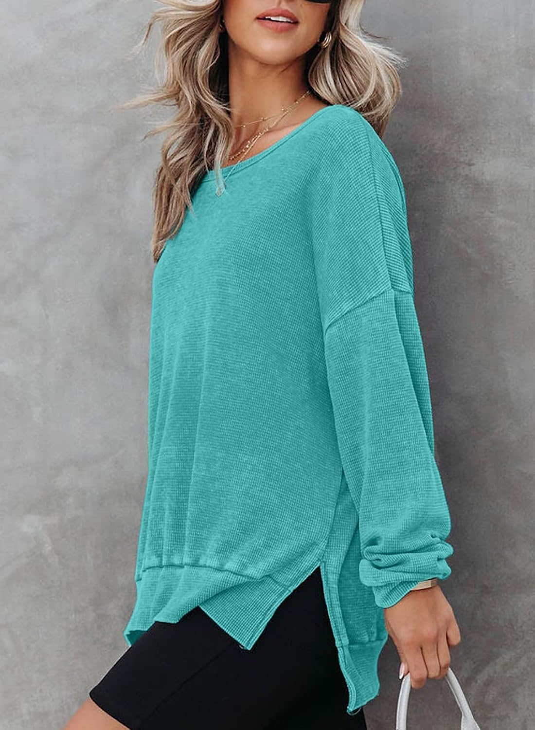 image:imageDokotoo Sweatshirt for Women Oversized Waffle Knit Crewneck Sweatshirts Long Sleeve Side Slits Casual Pullover TopsSky Blue