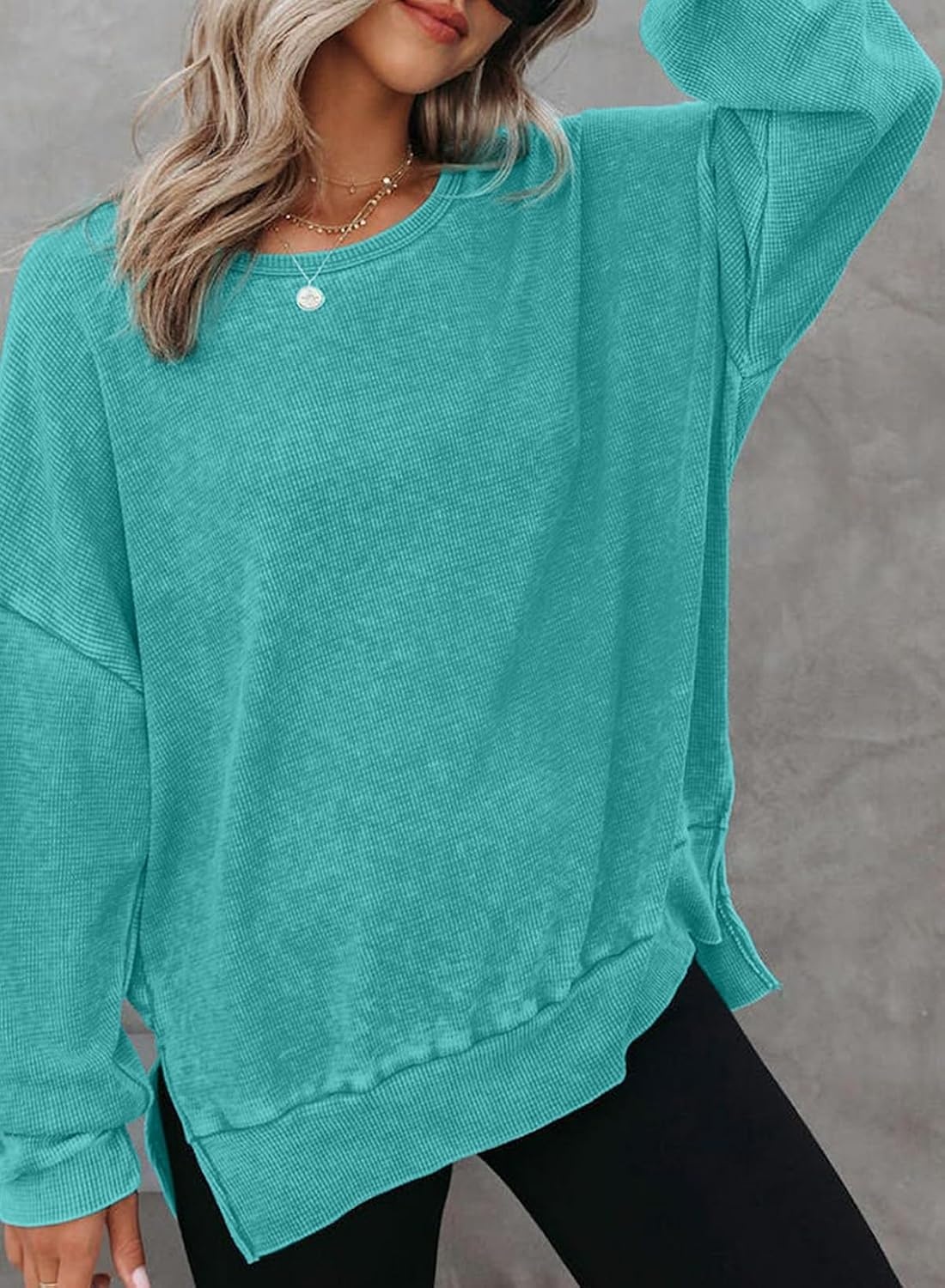 image:imageDokotoo Sweatshirt for Women Oversized Waffle Knit Crewneck Sweatshirts Long Sleeve Side Slits Casual Pullover TopsSky Blue
