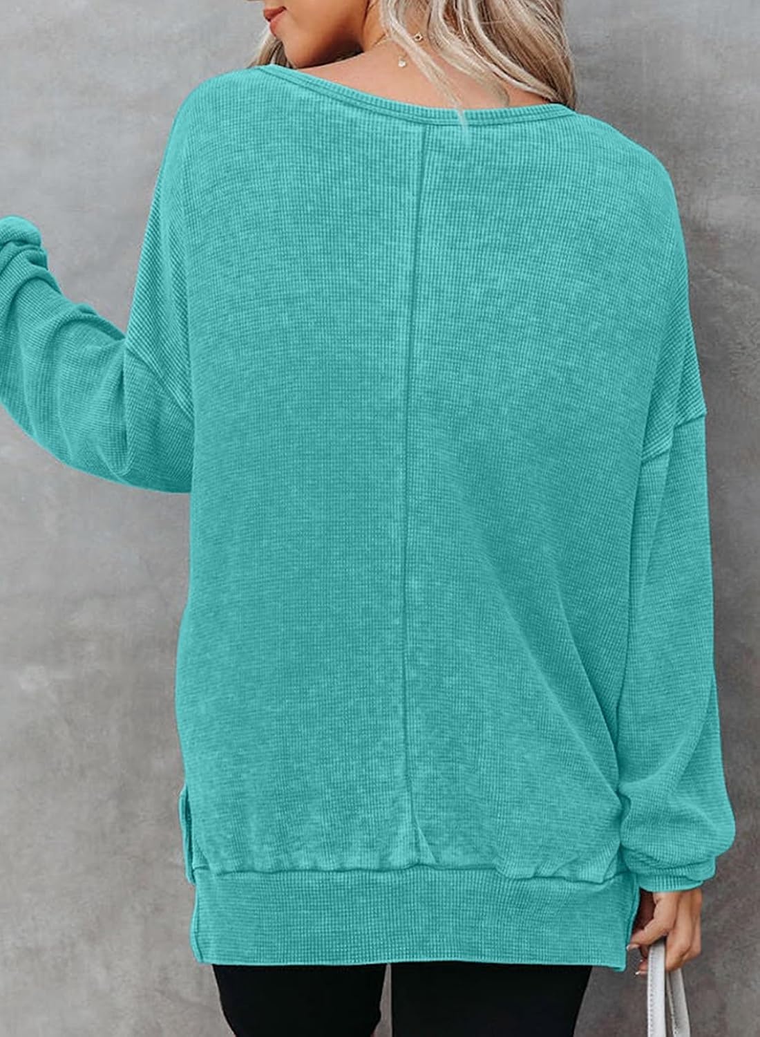 image:imageDokotoo Sweatshirt for Women Oversized Waffle Knit Crewneck Sweatshirts Long Sleeve Side Slits Casual Pullover TopsSky Blue